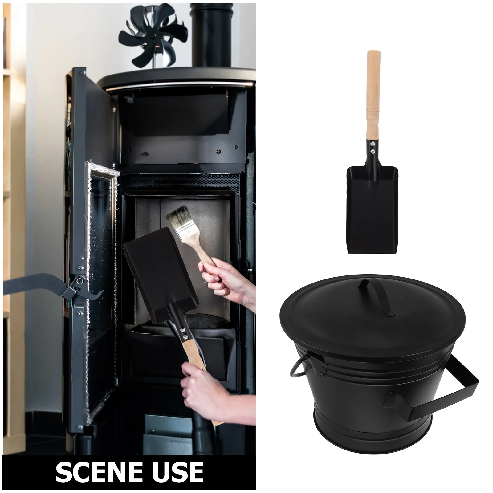 1Set Heavy Duty Black Metal Fireplace Ash Bucket with Lid and Heat Resistant Shovel for Wood Stove Fire Pit Outdoor Grill