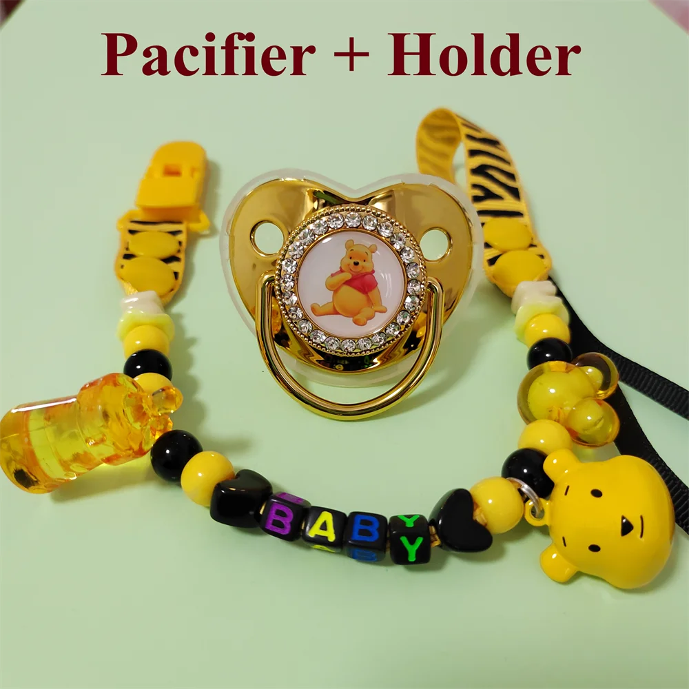 [1 Set] Disney Hot Sale Baby Pacifier With Beaded Chain Clip For Newborn Boys Girl BPA Free Luxury Bling Fake Pacifier Chupeta