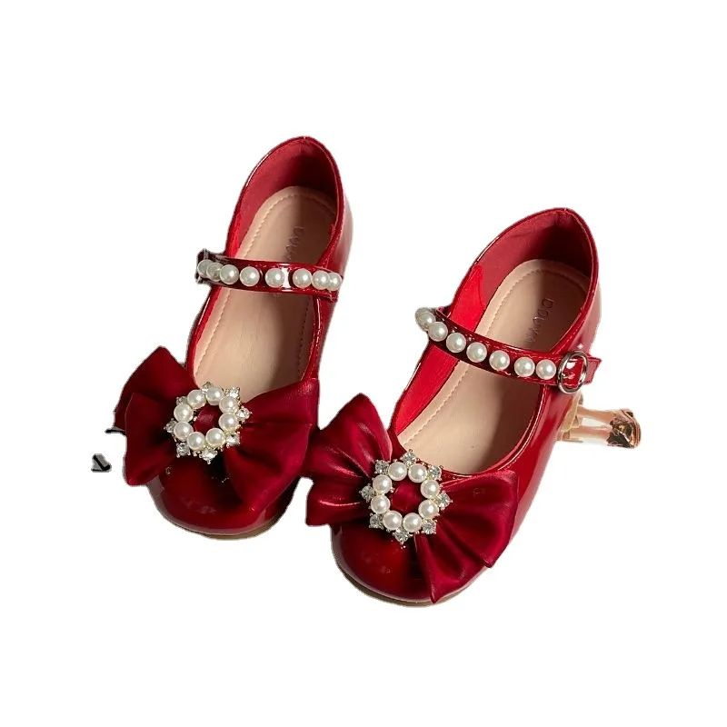 Sweet Gril Shoes Spring New Fashion Princess Shoes Red Pearl Flat Shoe Soft Sole Kids Shoe Mary Jane Shoes Banquet Dress Zapatos