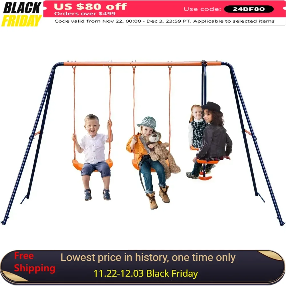 

Kids Play and Swing Set for Backyard 2 Seat 1 Glider 440 lbs Heavy Duty Metal A-Frame Swing Stand for Ages 3-8 Children