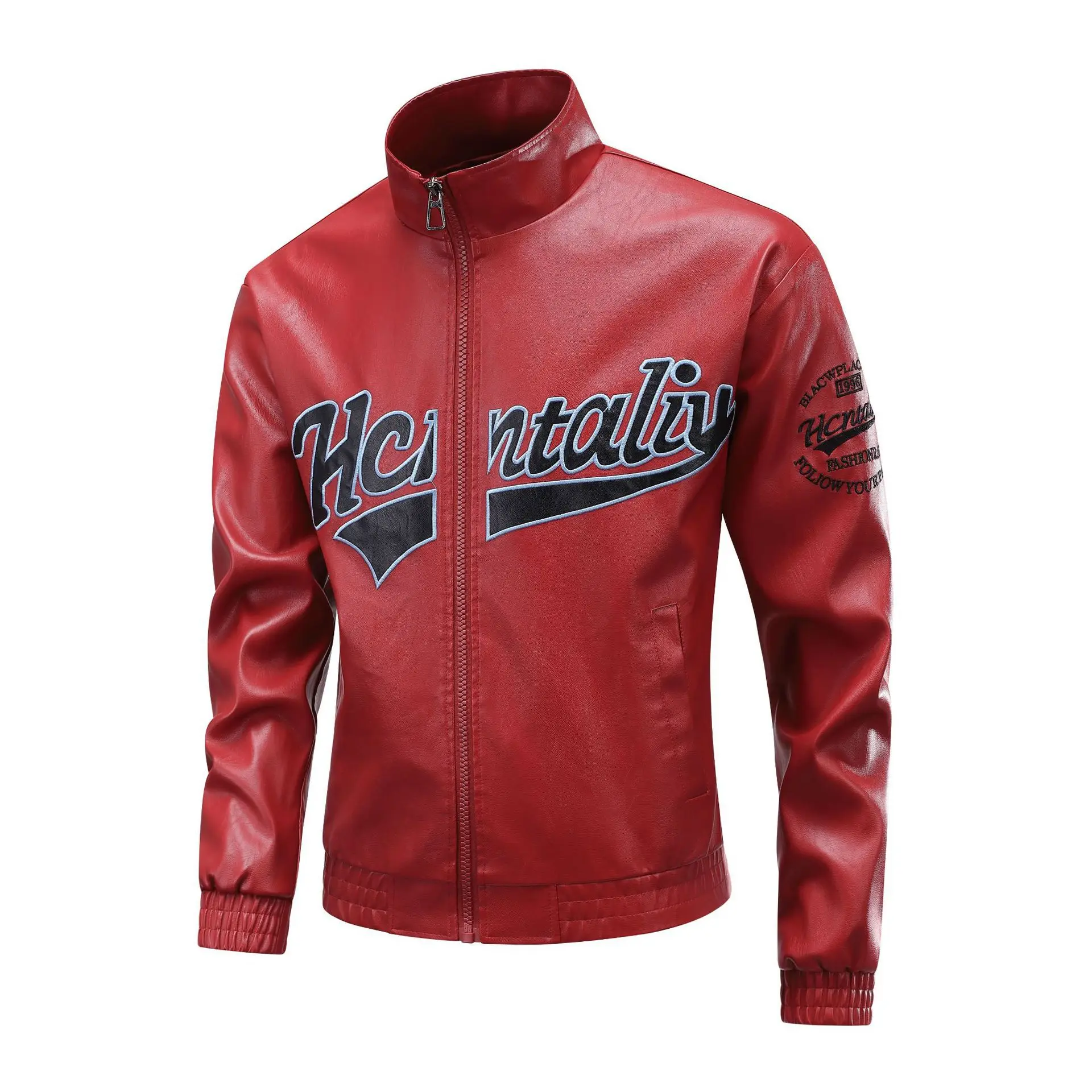 

Autumn Man Leather Jacket American High Street Waterproof Letter Printed Male Outerwear Stand Collar Long Sleeve Men Coat