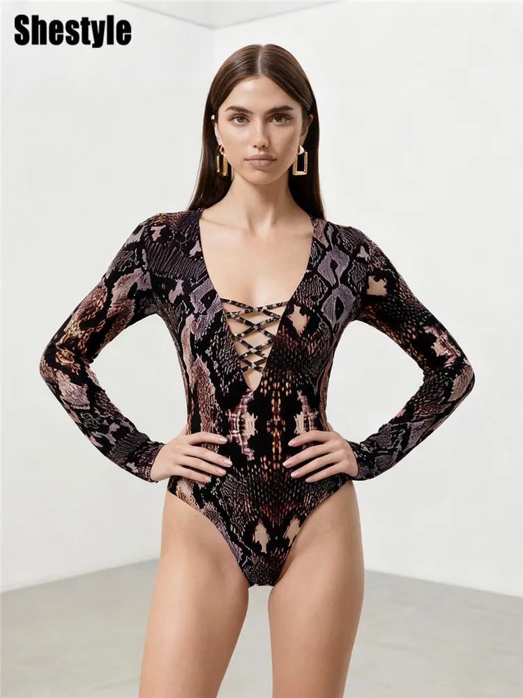 

Shestyle с глубоким V-образным вырезом и принтом змеи, женское боди с длинным рукавом и завязками, сексуальная тонкая футболка, весна 2026