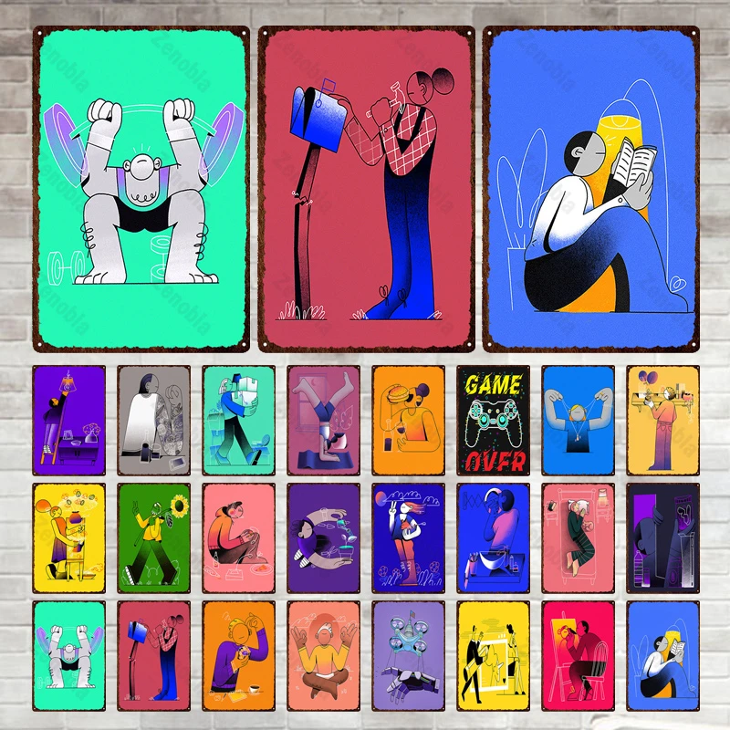 

Character Home Leisure Illustration Iron Plate Still Life Architectural Metal Sign Feeling Tin Poster Video Game Over Room Decor