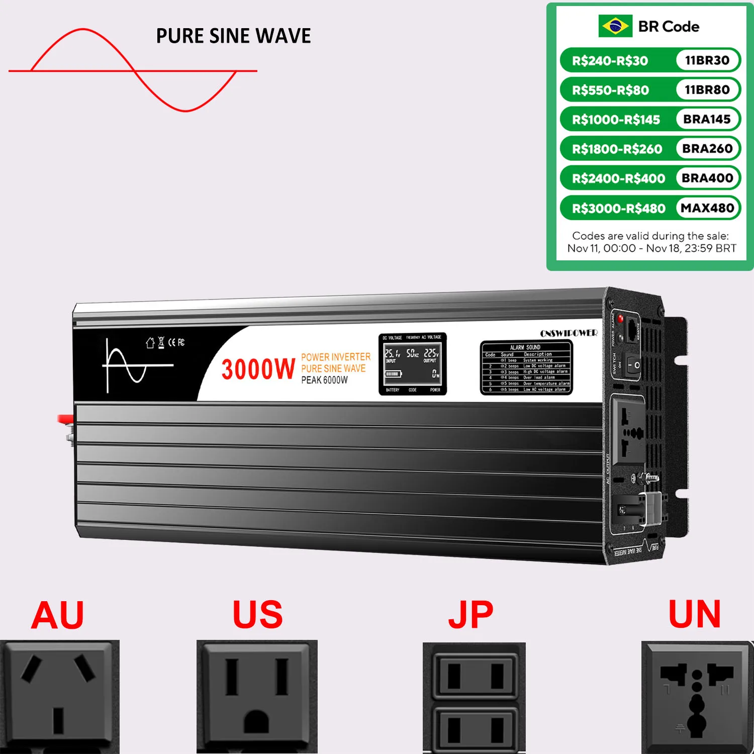 Pure Sine Wave Inverter 3000W New DC Car Solar Power Inverter 12v 220v converter 24v 48v to 110v off grid