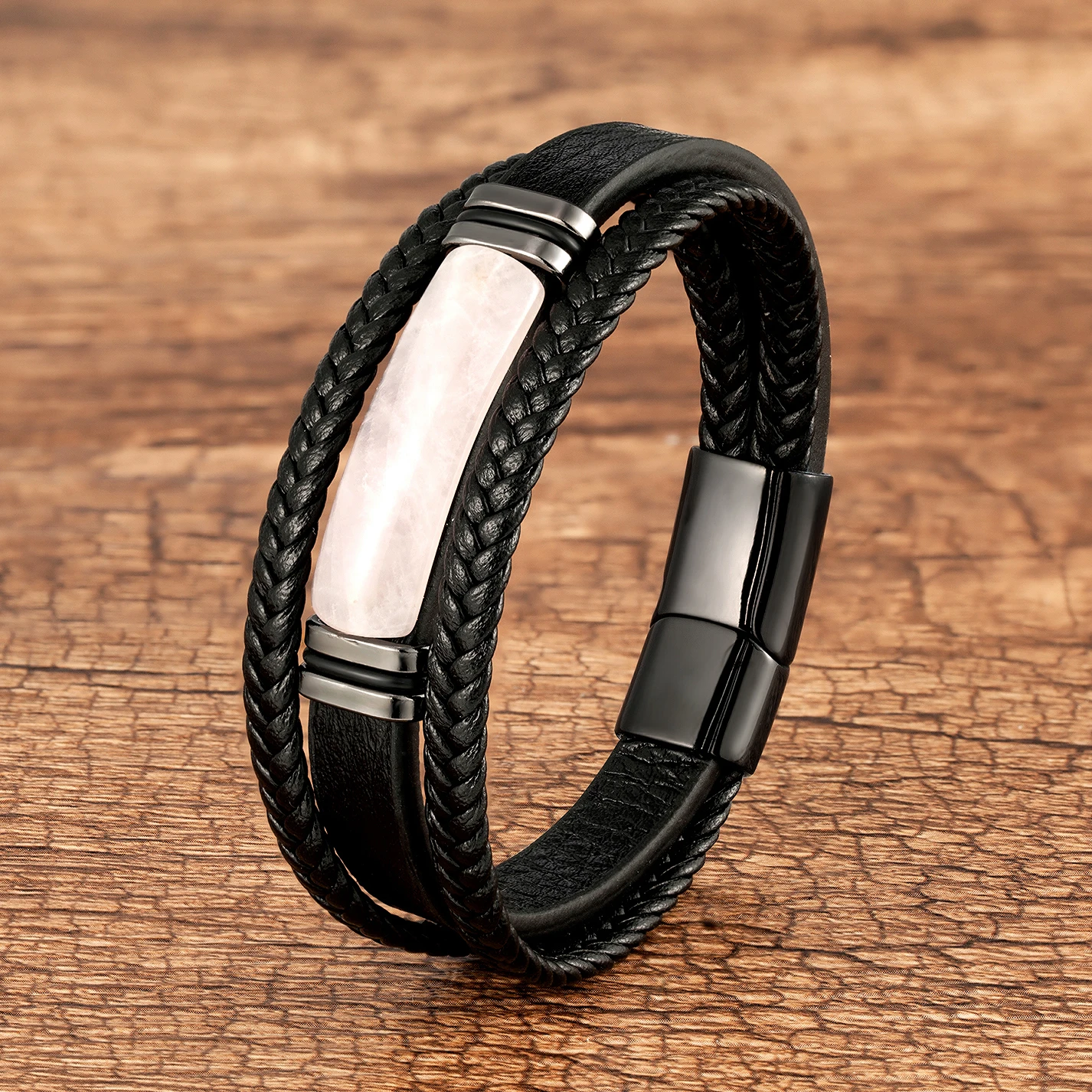 Natürliches Tigerauge Stein Charm Armband Mehrschichtiges geflochtenes Lederseil Herrenarmband Armreifen Edelstahl Schmuckzubehör – Detail 7