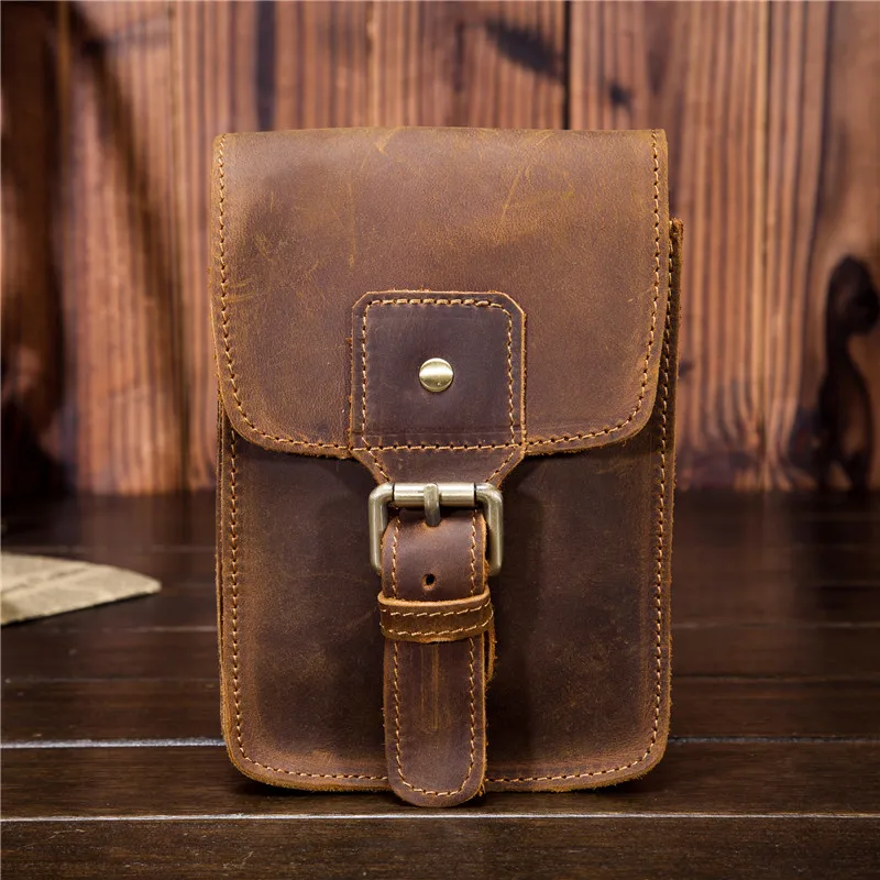 Men Vintage Crazy Horse Leather Vertical Waist Bag Metal Buckle Phone Holster Belt Wear Utility Fanny Pack Outdoor Work Pouch