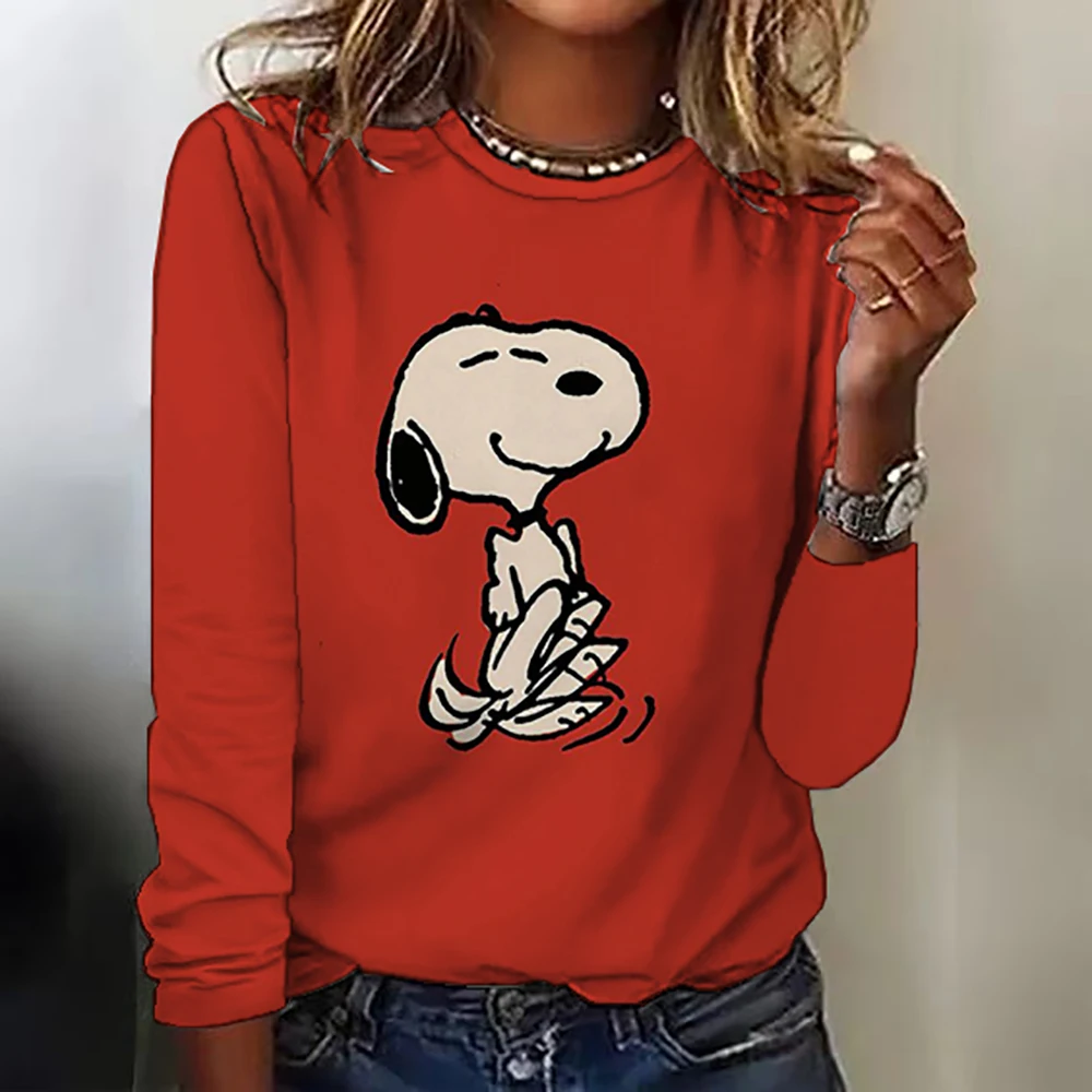 Snoopy Anime Co branded Long sleeved T-shirt for Women\'s 2023 Autumn New Loose Round Neck Top Children\'s Cartoon Clothes