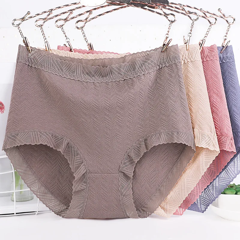 Women\'s High Waist Sexy Lace Panties Cotton Underwear Seamless Solid Color Briefs Large Size Women\'s Shorts Female Lingerie