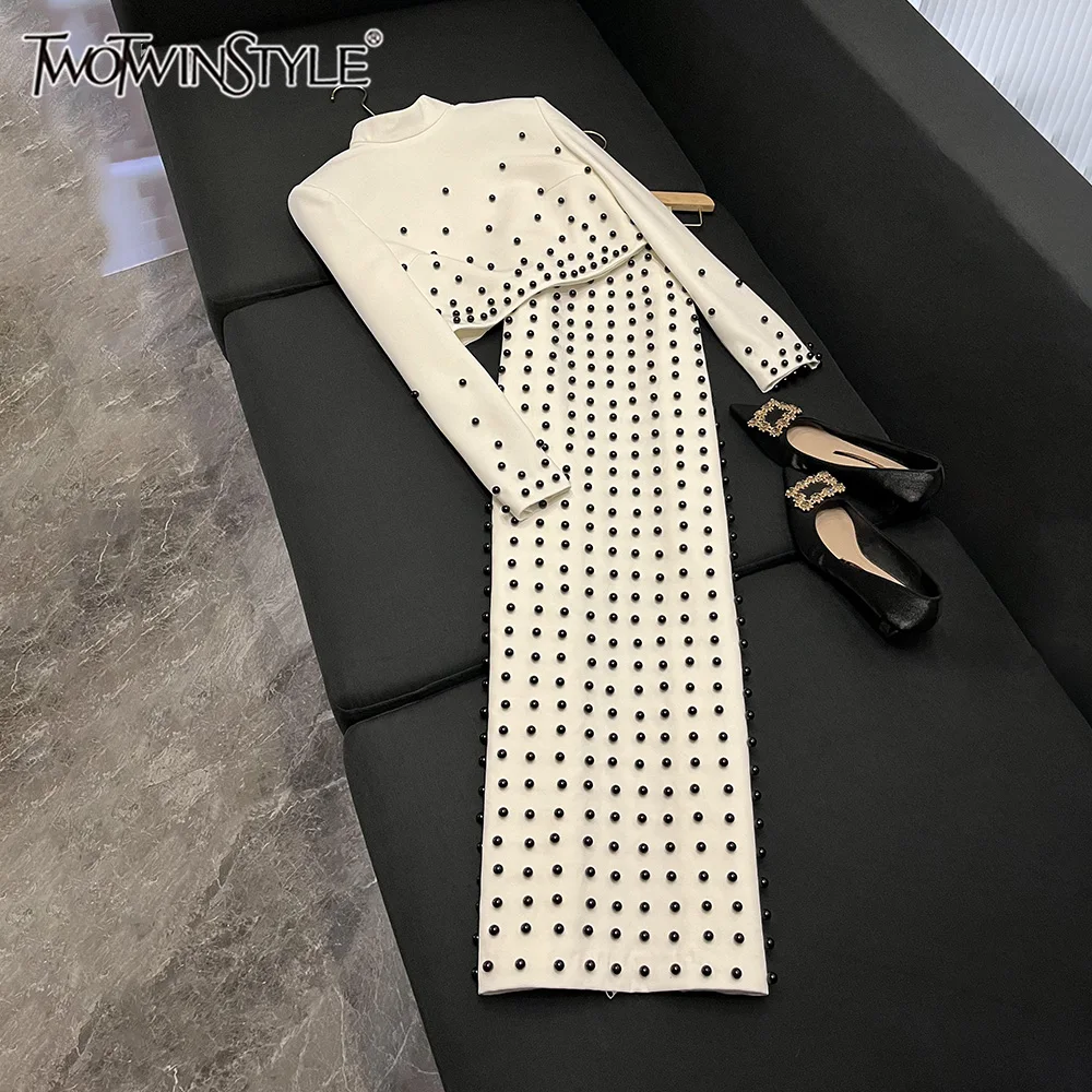 TWOTWINSTYLE Design Sense Slim Two Piece Sets For Women Stand Collar Long Sleeve Top High Waist Skirt Chic Set Female KSE515775