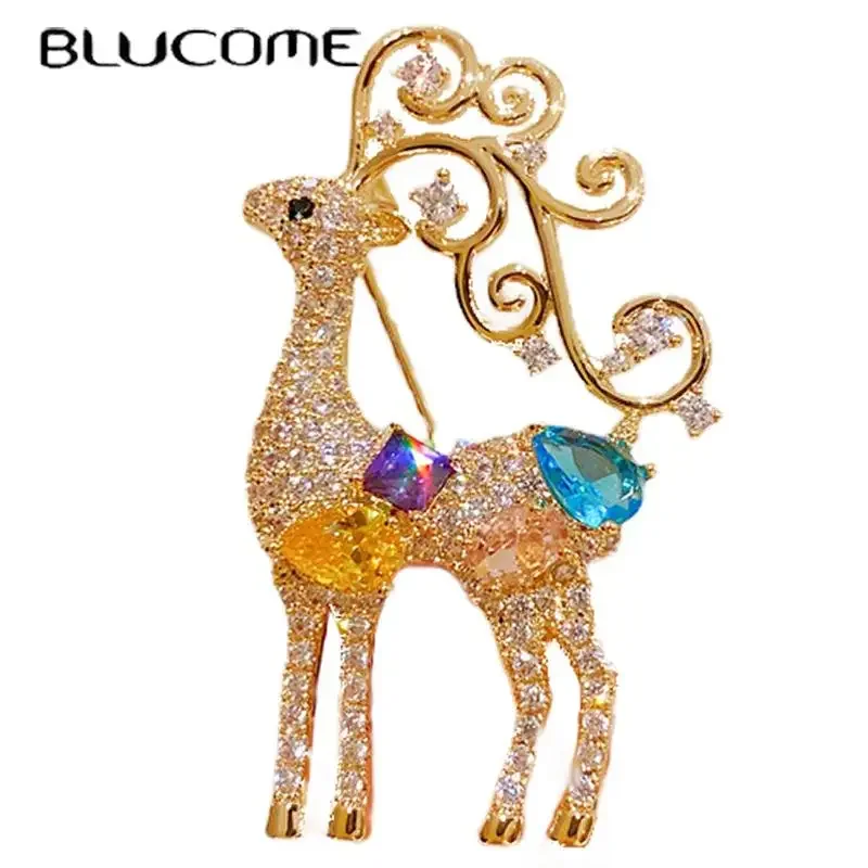 

BLUCOMEBlucome High Grade Exquisite Copper Elk Brooch for Women Men Suit Coat Hijab Pins Christmas Gift