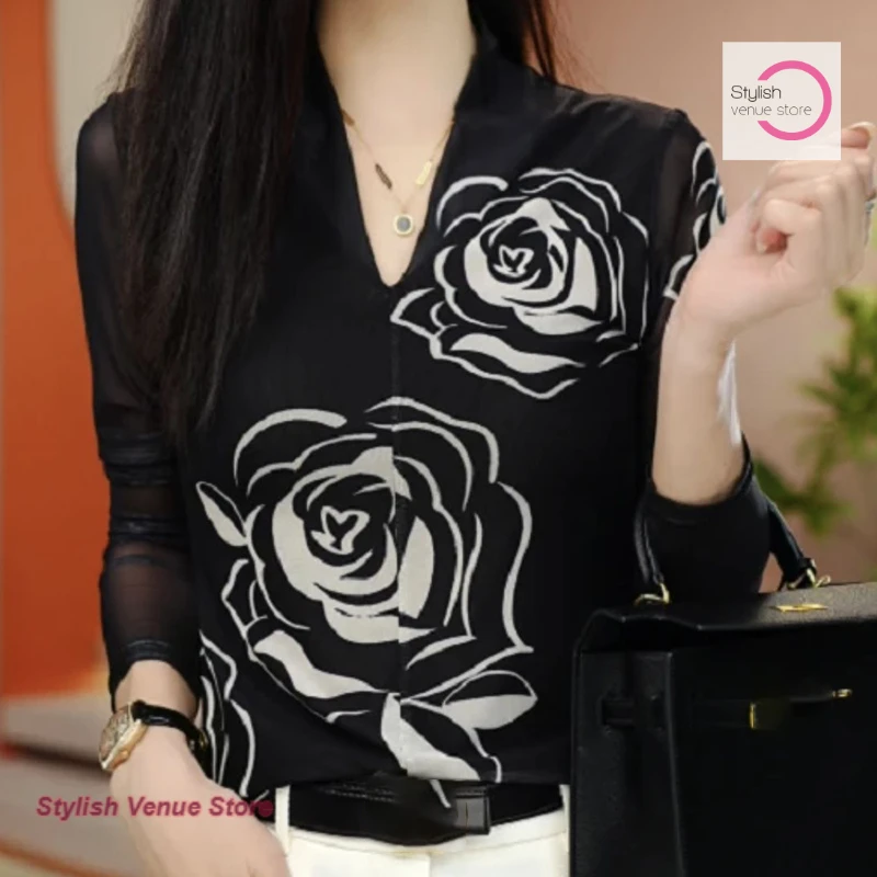 

Korean-style skin V-neck mesh long-sleeved shirt breathable double-layer Joker spring and slim temperament bottoming outer coat.