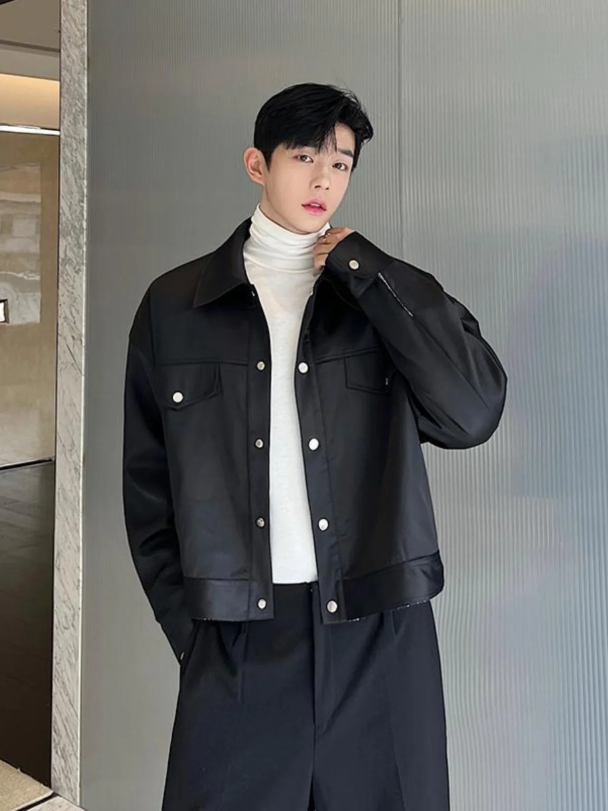 

Autumn Winter Men's ort Jaet Double-Sided Wear Satin Patchwork Design Little Bla Dr Sle Korean Version Haome