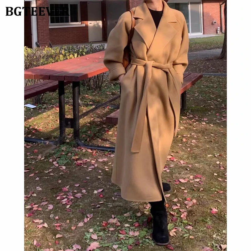 

BGTEEVER Stylish Soft Warm Loose Women Long Blend Coats Elegant Full Sleeve Lace-up Female Solid Woolen Jackets Winter Outwear