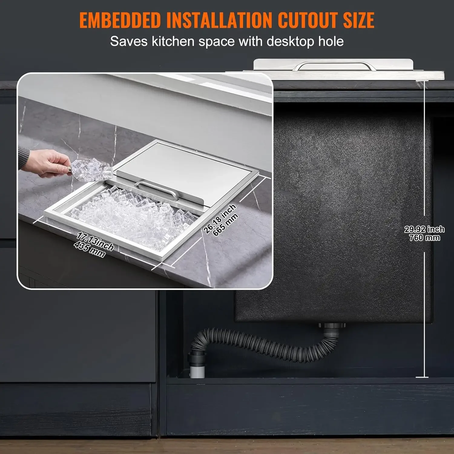 

Drop in Ice Chest 27 L x 18 W x 21 H Stainless Steel Ice Cooler Commercial Ice Bin with Sliding Cover 40 9 qt Outdoor