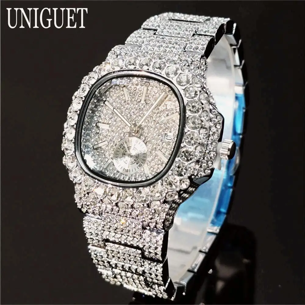 

Hot Sell Ice Watch For Men Brand UNIGUET Hip Hop Full Diamond Bling Quartz Watches Man Dress Waterproof Wristwatch Reloj Hombre