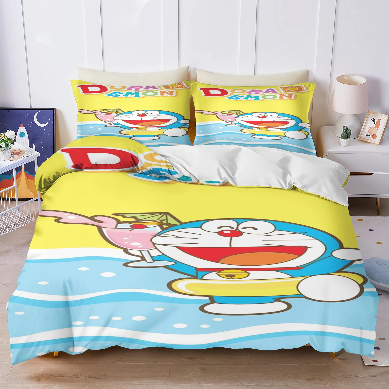 Blue Printed Cartoon Doraemon Duvet Cover Home Pillowcase Set Adult Bedroom Children Comforter Bedding