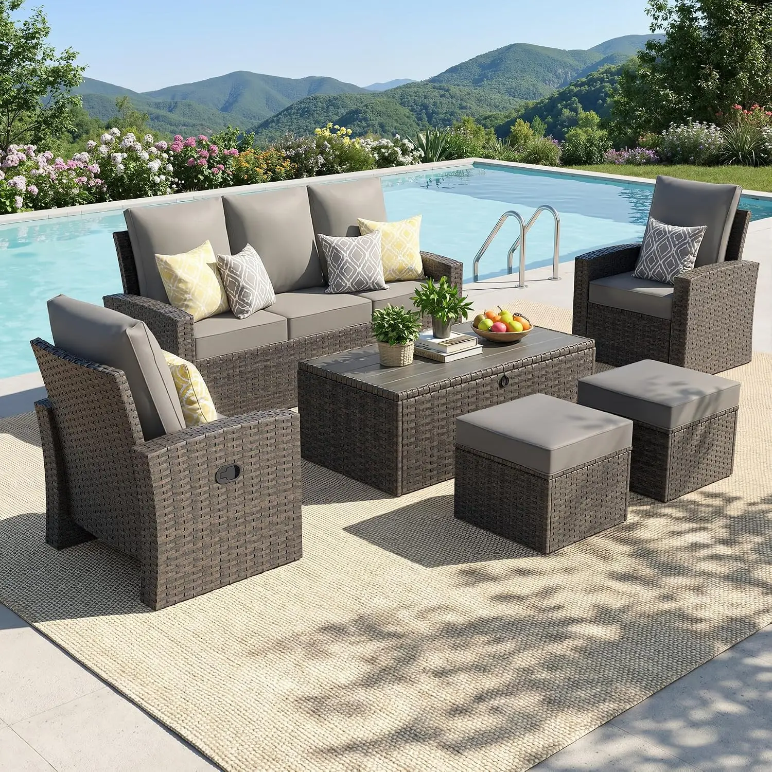 Outdoor Patio Furniture Set-6 All-Weather Wicker Outdoor Furniture with Patio Recliner Chairs Adjustable Back Outdoor Patio