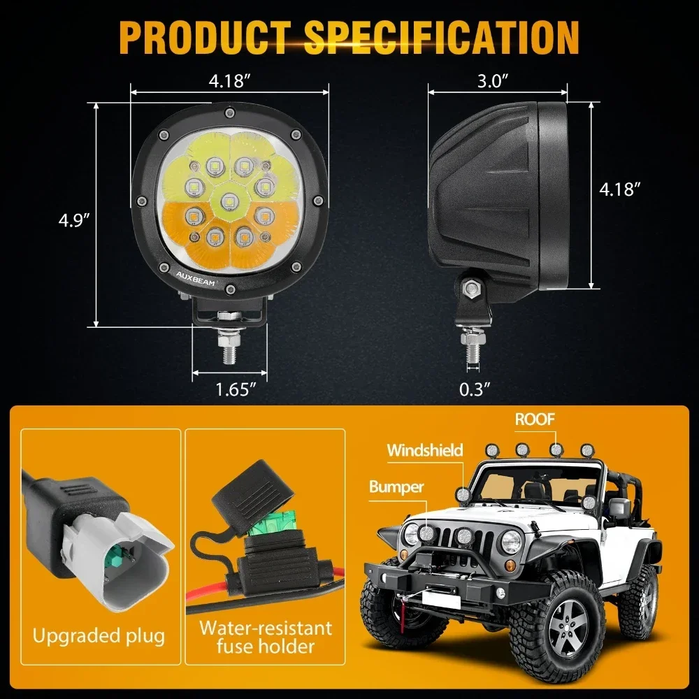 AUXBEAM P4 SERIES 6 Modes LED Driving Light Pod with Memory Function White & Amber Strobe Flash 9000LM Work Light Spot Light