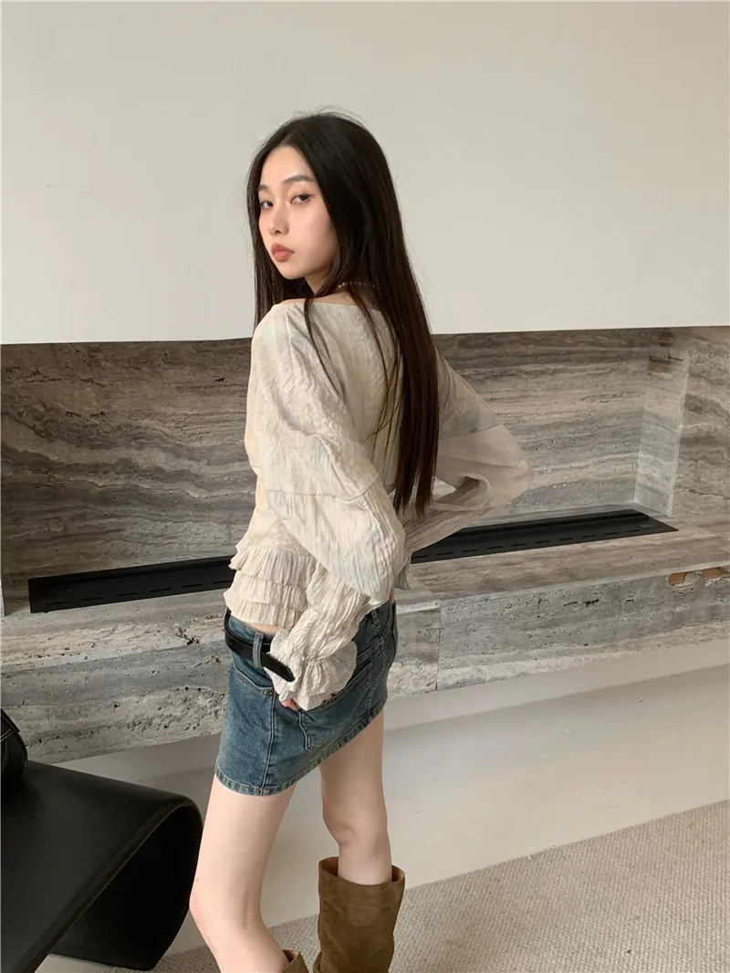 CHEERART Tie Dye Slash Neck Blouses For Women Fashion 2023 Lantern Sleeve Ruched Ruffles Designer Peplum Top Summer Spring