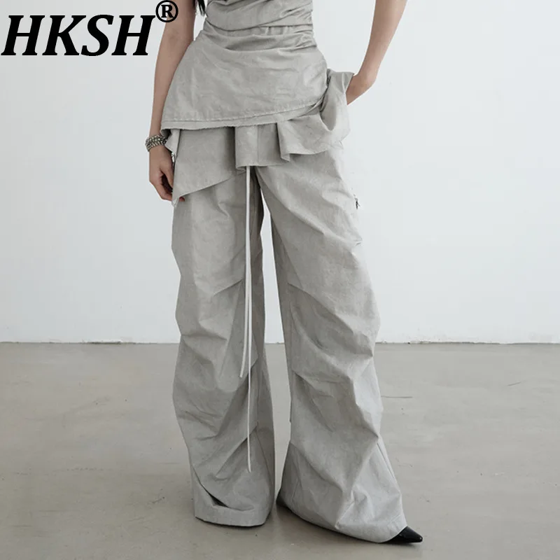 กางเกงขายาวทรงหลวมสไตล์ลำลองสำหรับผู้หญิง รุ่น HKSH คอลเลคชั่นฤดูใบไม้ผลิ/ฤดูใบไม้ร่วง พร้อมกระโปรงมินิสเกิร์ตแบบถอดได้ แต่งระบายผูกเชือก จีบพลีท ดีไซน์หรูหรา รุ่น HK12477