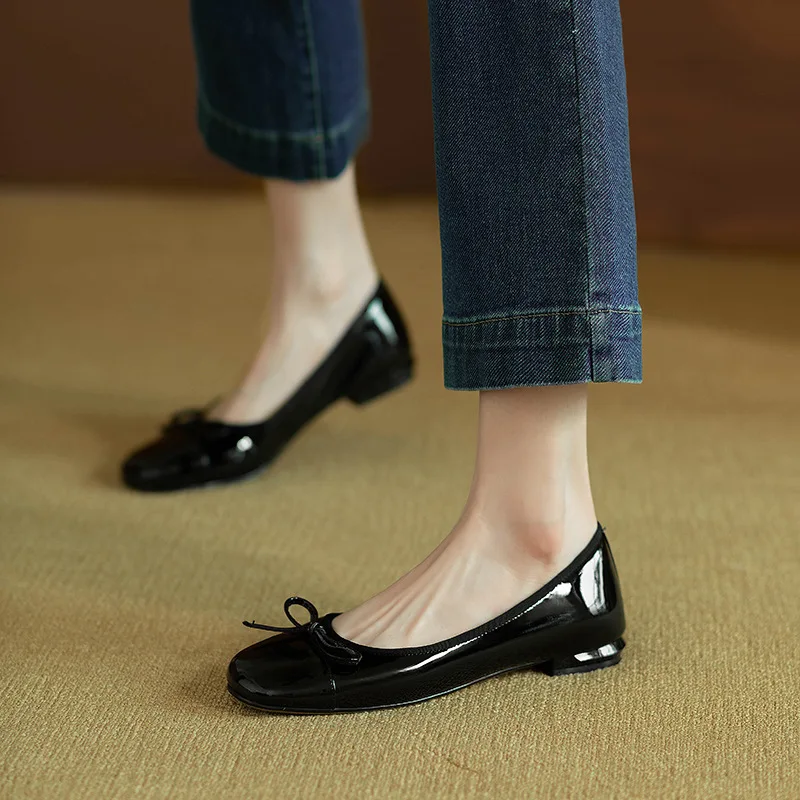 Retro kokardka patentowa pลaskie buty skรณrzane damski, wiosenny jesienne kwadratowe noski masywne na niskim obcasie pojedyncze buty wino czerwone