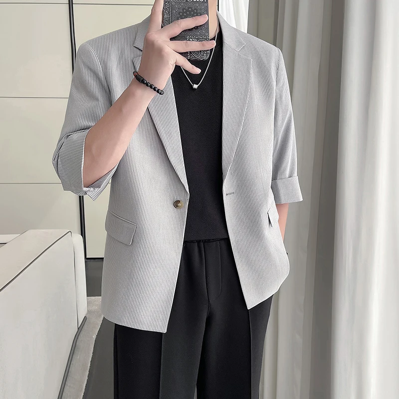 Boutique Men's Fashion Casual Korean Version Slim Striped Thin Style Mid-sleeve British Fashion Trend Officiating Wedding Blazer