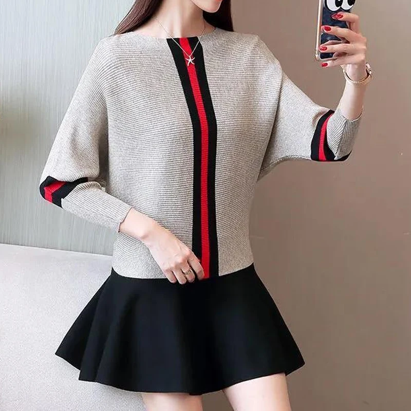 Autumn New Knitting Loose All-match Sweaters Long Sleeve O-neck Contrast Plus Size Pullovers Fashion Elegant Women Clothing