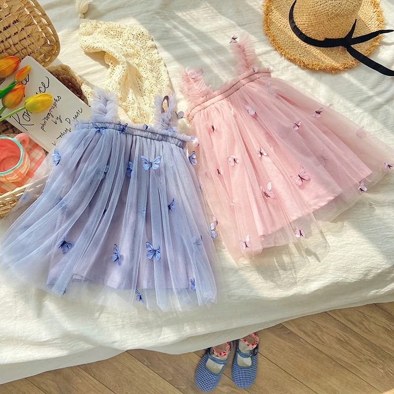 Vestido de malla con bordado de mariposa para niña, falda con tirantes, verano, 2024