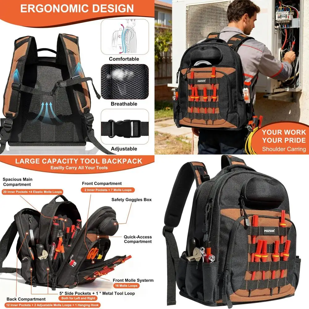 

Рюкзак для инструментов электрика с 4 отделениями, 39 карманами, 31 креплением MOLLE и держателем для очков