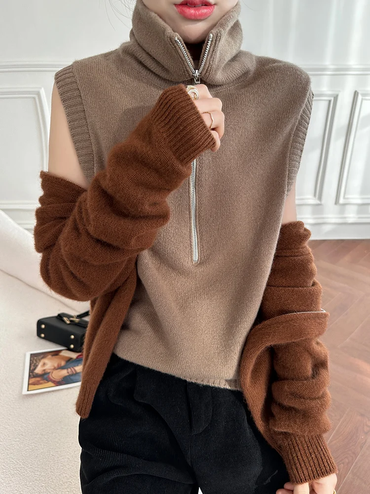 

Women 100% Merino Wool Pullover Turtleneck Sleeveless Sweater Spring Autumn Winter Half-zipper Knitwear Waistcoat wool Top vest