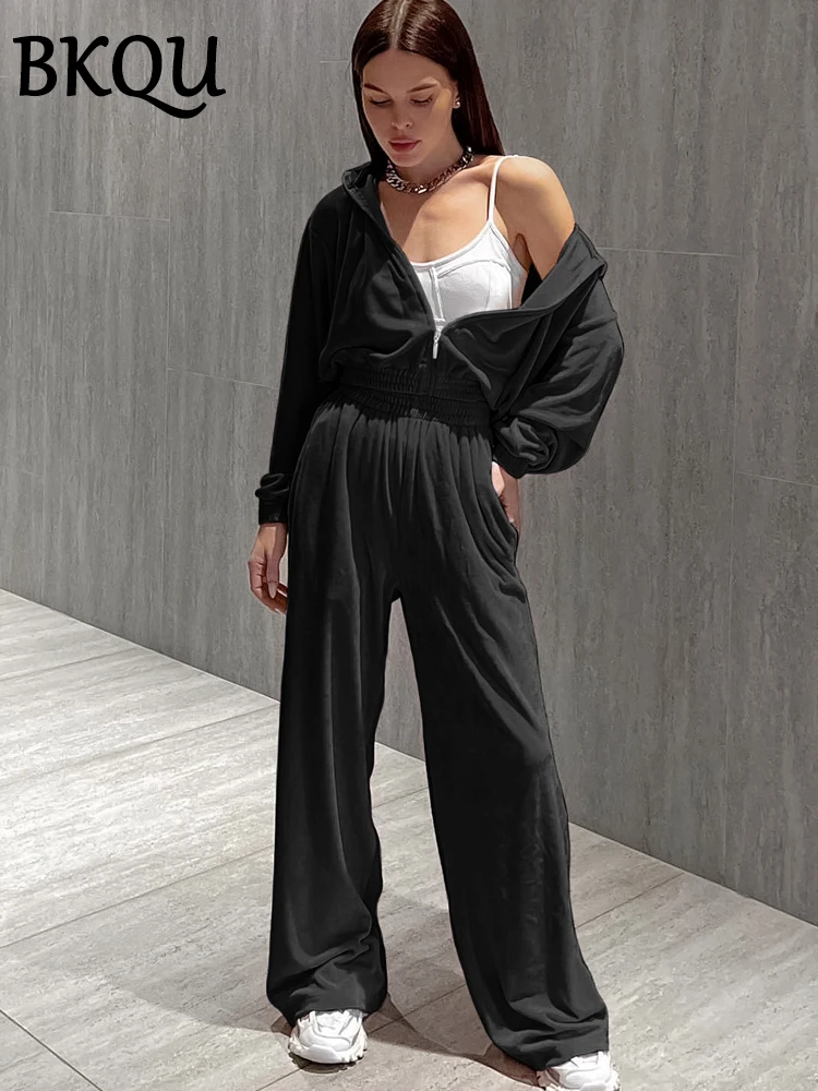 BKQU Casual Solid Velvet Pants Set Women Tracksuit Turn-down Collar Zipper Crop Coat and Wide Leg Pants Two Piece Set 2024