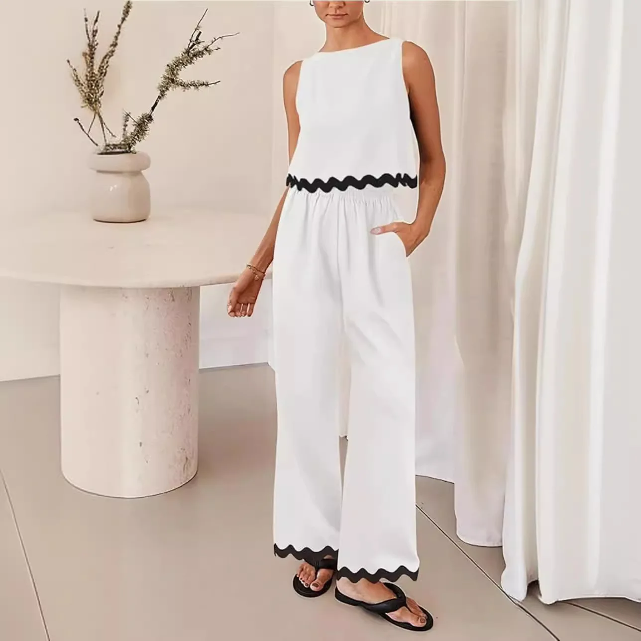 ผู้หญิงฤดูใบไม้ผลิ/ฤดูร้อนผู้หญิงสบายๆ 2 ชิ้นชุดแฟชั่น Casual เสื้อกั๊กสั้นหลวมขากว้างกางเกงสบาย