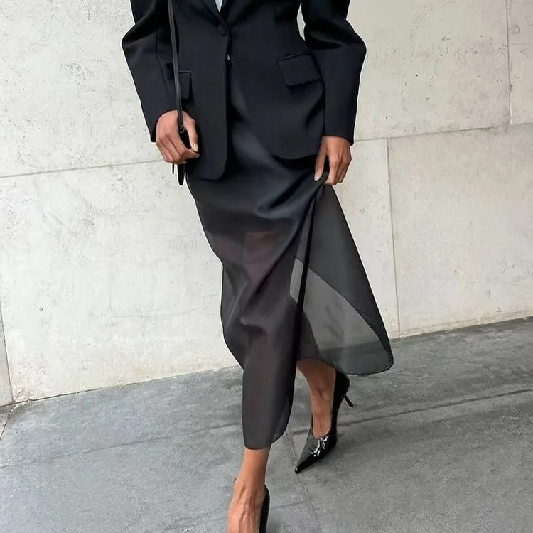 Dwukomorowa spódnica Faionable, wysoki stan, rozcięcie, prześwitująca, elegancka, do pracy, długa spódnica, kolor inny, materiał inny.