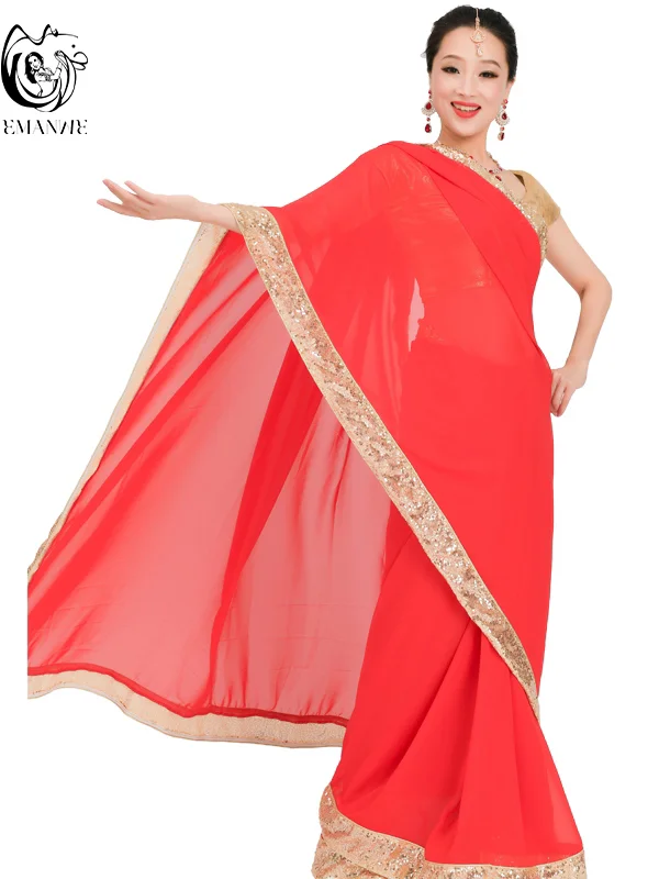 Women Red Indian Saree Outfit Gold Sequin Lace Border Sari Dress Ethnic Costume for Dance Show Portrait Shooting Event
