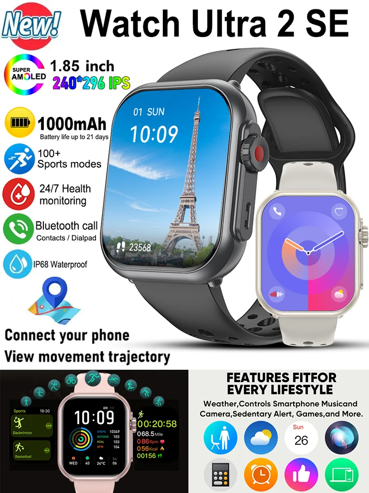 Uhr Ultra 2 SE Männer Frauen 1000 mAh HD AMOLED 100 + Sport Herzfrequenz Bluetooth Anruf GPS Track Wasserdichte Smartwatch Für iOS Android
