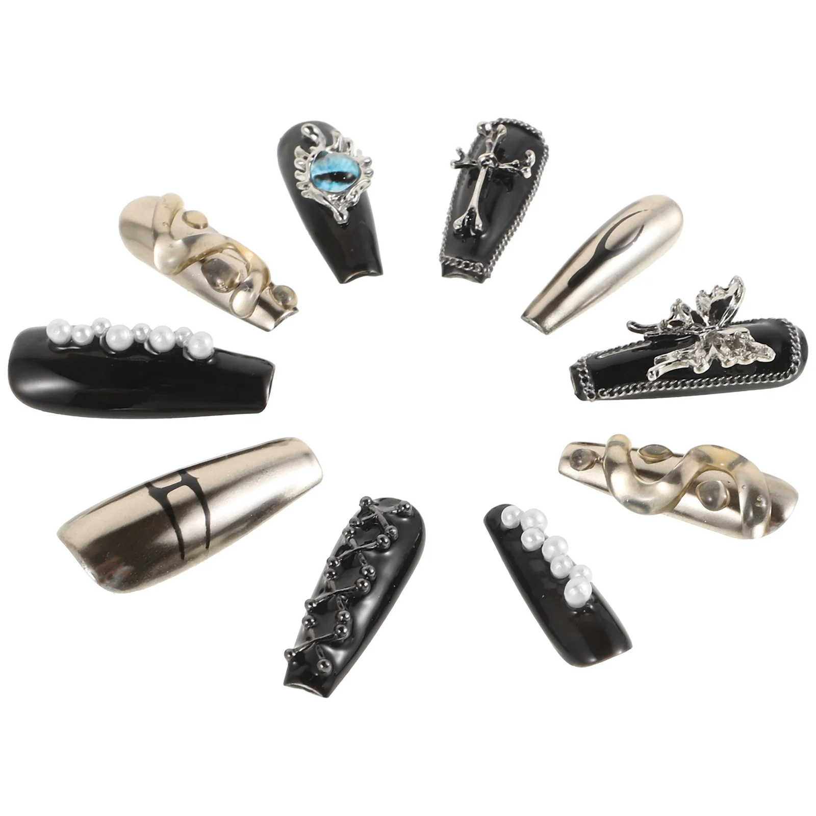 

10Pcs Black Press on Nails Gothic Style Handmade False Nails with Eye Butterfly Cross Decoration Full Cover Nail Tips for Spooky