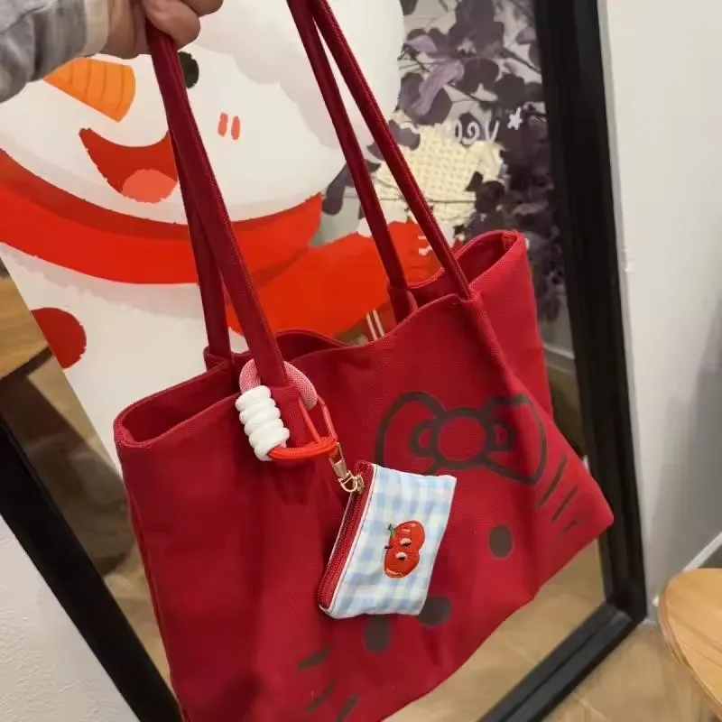 سانريو مرحبا كيتي حقيبة حمراء حقيبة قماش قنب سعة كبيرة حقيبة كتف التنقل السفر المطبوعة حمل حقيبة المتسوق حقيبة هدايا عيد الميلاد #2