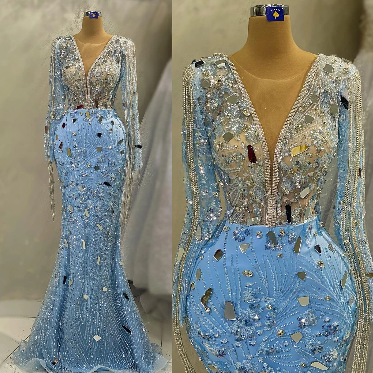 

Shiny Sky Blue Mermaid Evening Dress Beading V Neck Prom Gowns Crystals Lace Party Dresses Custom Made