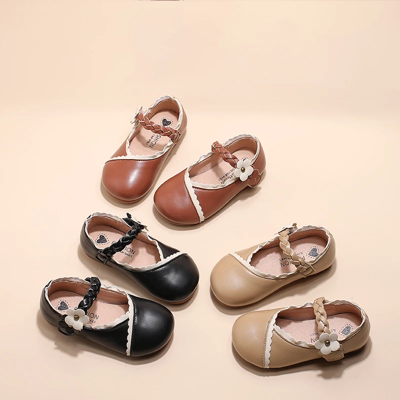 

Cute Princess Leather Shoes Fashion T-tied Mary Janes Girls School Round Buckle Kids Shoes for Girl Flat Shoes