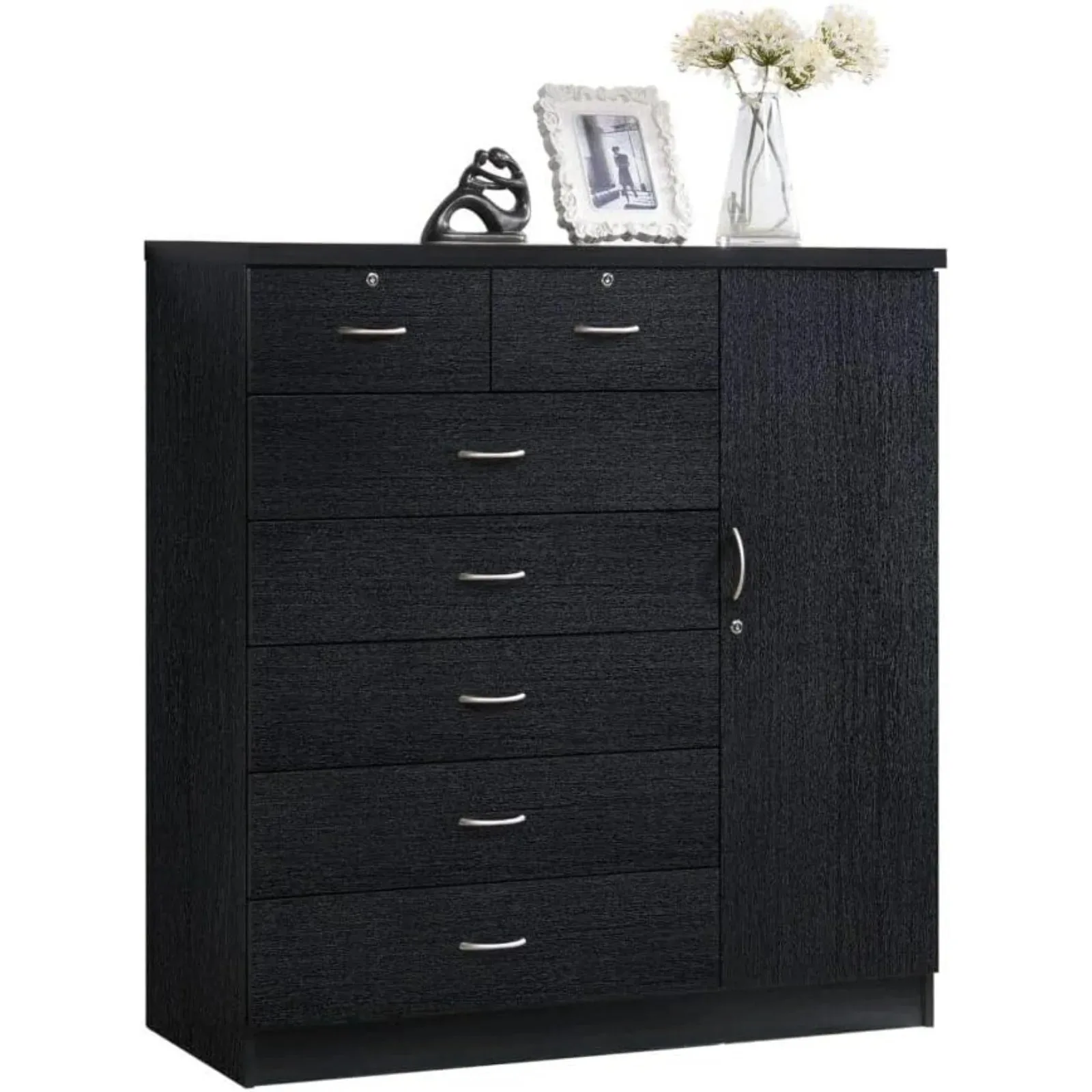 US  7 Drawer Jumbo Chest, Five Large Drawers, Two Smaller Drawers with Two Lock, Hanging Rod, and Three Shelves | Black