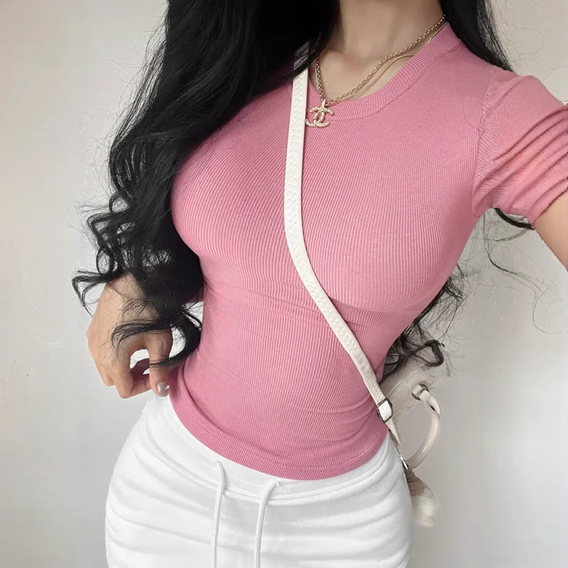 Summer Pink Sexy Trendy Sweet Cool Top Women Solid Slim Short Sleeve T-shirts for Women Skinny Crew Neck 2025 Top Tees Clothing