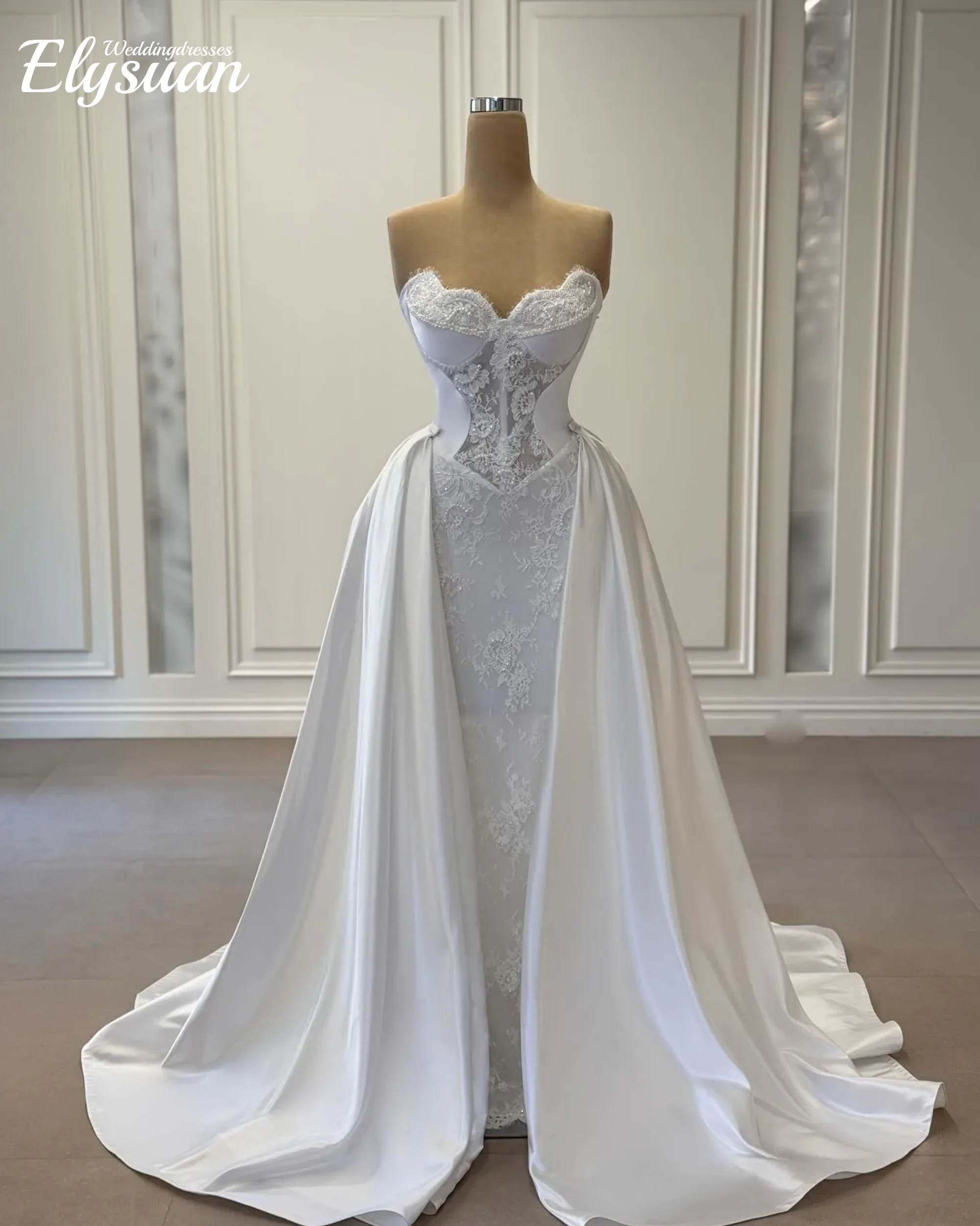 Customized Simple Mermaid Wedding Dress Strapless Sleeveless Bridal Gowns Pearls Lace Detachable Train Dresses Vestidos de Novia