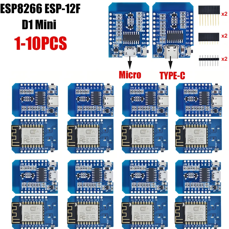 1-10pcs ESP8266 D1 Mini WIFI Development Board ESP-12F Wemos D1 Mini Nodemcu Lua Iot Board 3.3V Met Pins TYPE-C/Micro USB XZG