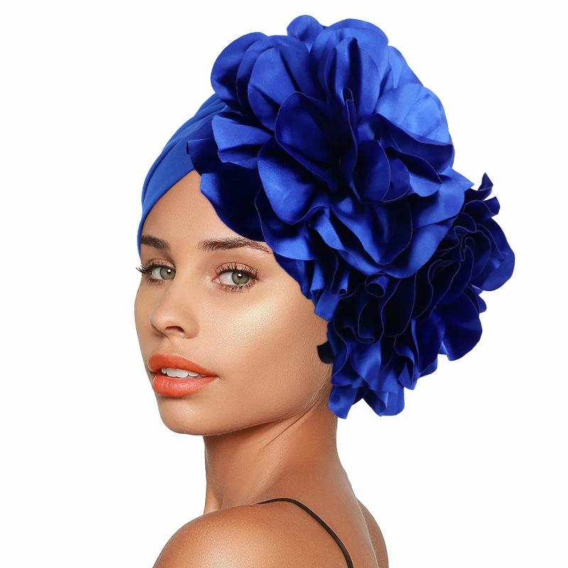 Exaggerated Satin Flower African Turban Cap Women's Head Wraps Wedding Party Headpiece Muslim Headscarf Hat India Caps