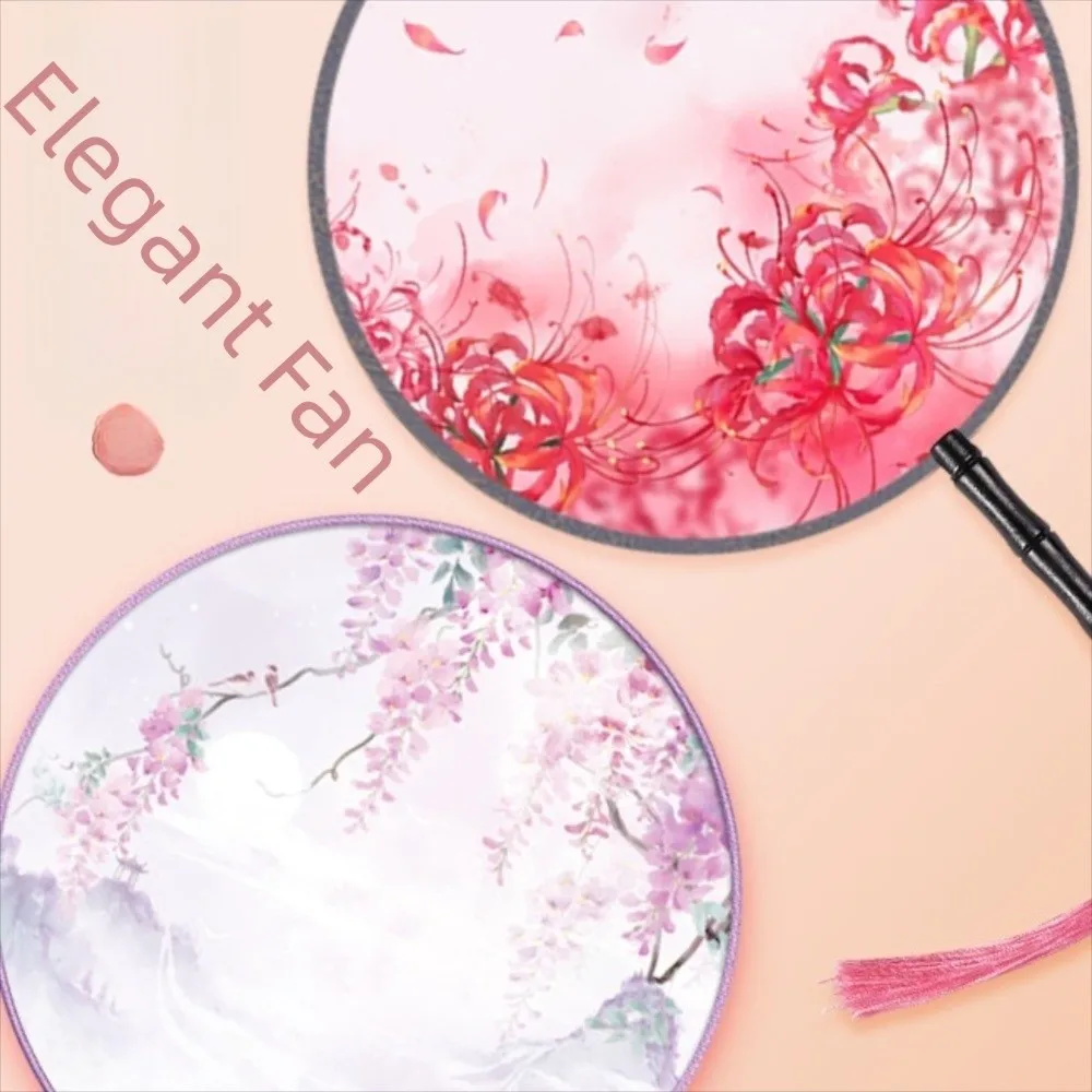 Silk Material Chinese Round Hand Fan Embroidery Design Long Handle Vintage Printing Silk Fan Round Shape Ink Painting