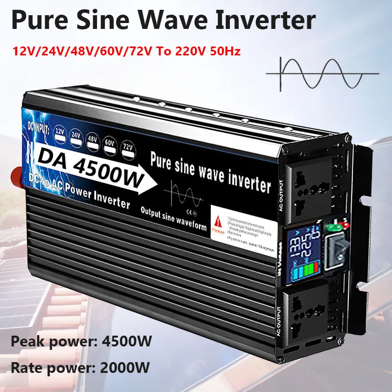 Pure Sine Wave Inverter 12V/24V/48V/60V/72V To 220V 50Hz 4500W DC to AC Voltage Transformer Power Converter Car Solar Inverters