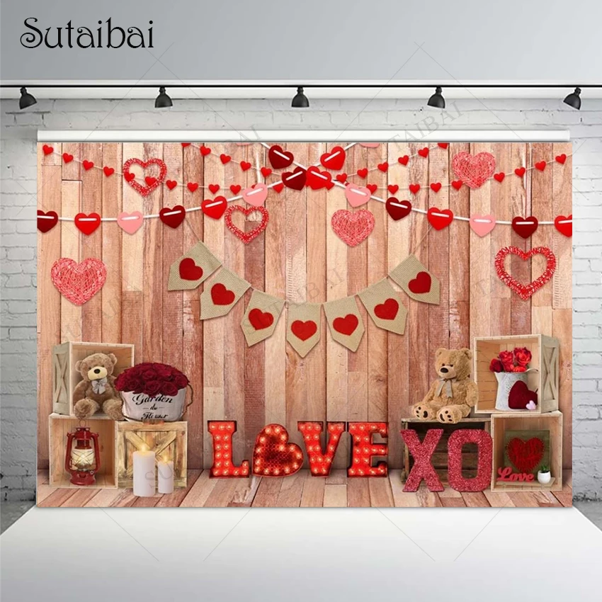 

Valentines Photography Background Love Heart Wooden Board Bears Flowers Present Decoration Marriage Backdrops Photograpic Props