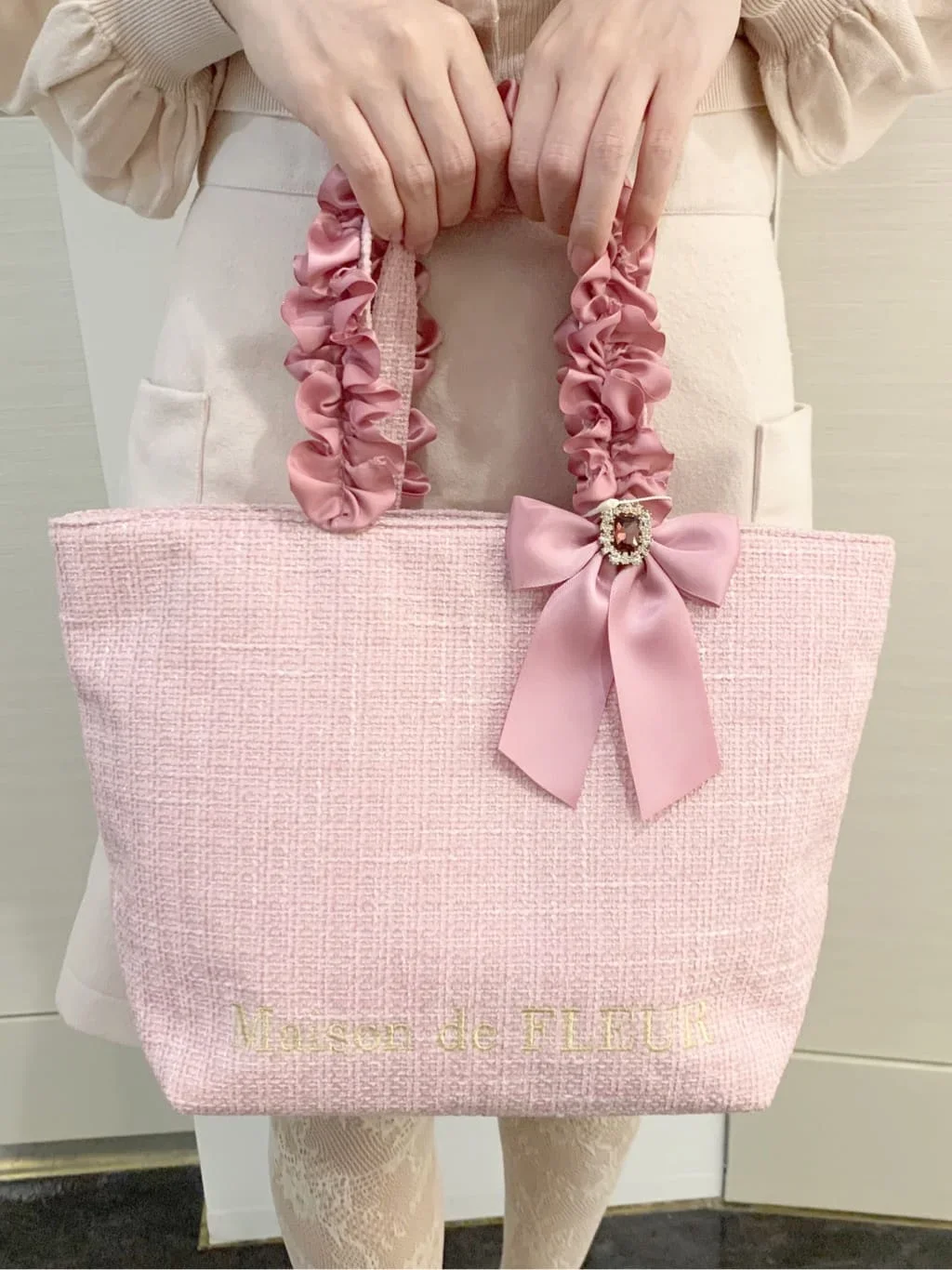 Sweet Cute Japanese Women's Solid Color Tote Autumn Winter All-Match Diamonds Bow Portable Makeup Bag Storage Bags for Ladies