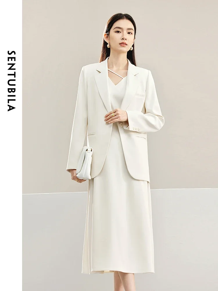 SENTUBILA Two Piece Blazers Dress Suit for Women 2024 Spring Autumn Sexy Hollow-out Waist Midi Tank Dress Matching Set 141Z53141