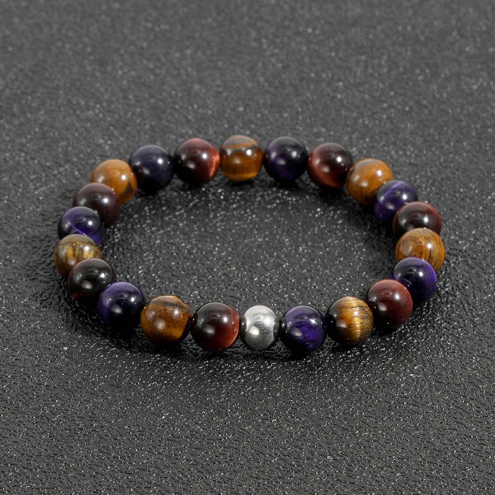 OAIITE 8mm Natural Yellow Purple Red Three Colors Tiger Eye Chakra Stone Bead Bracelet Men Women Yoga Meditation Bracelet